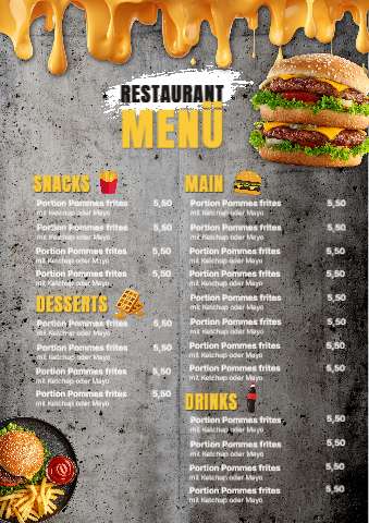 Burger-Speisekarte mit Snacks, Mains und Drinks