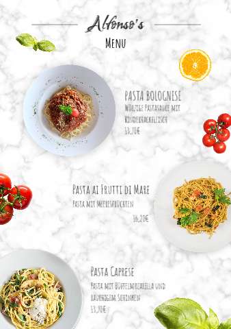 Pasta-Speisekarte im Marmor-Look mit Bolognese und Frutti di Mare