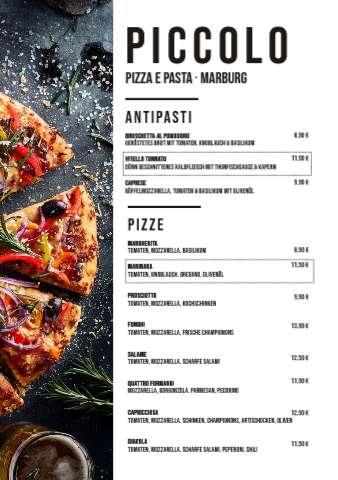Speisekarte Piccolo mit Antipasti, Pizze und Pasta