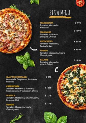 Pizza-Speisekarte mit zwei Pizzen auf dunklem Hintergrund