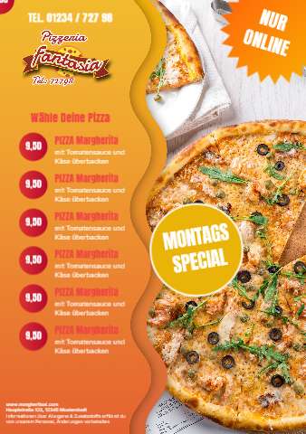 Pizzeria-Angebotsflyer Montags-Special mit Preisliste